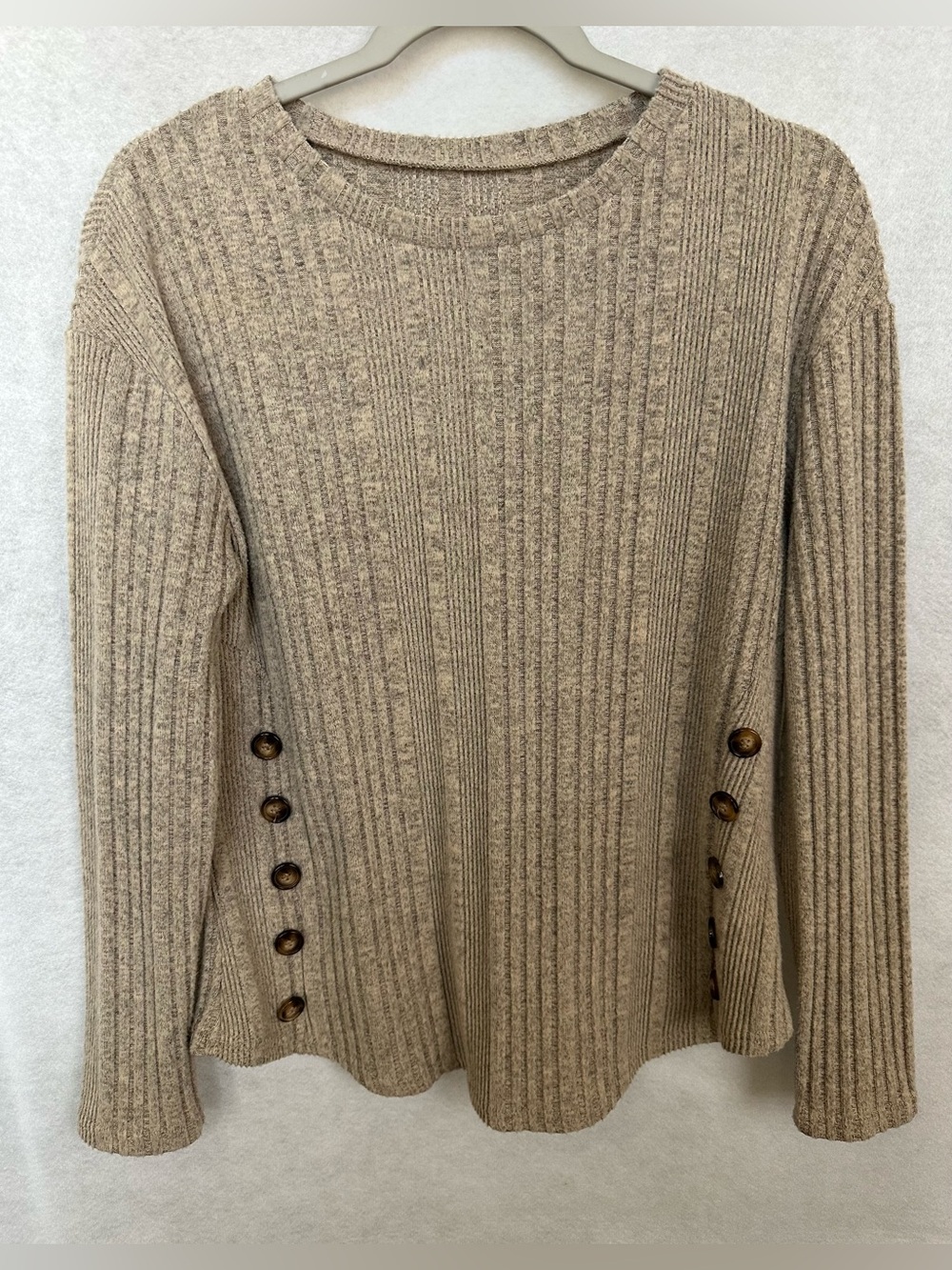 SHEIN Tan Ribbed Long Sleeve with Side Buttons Sweater Top